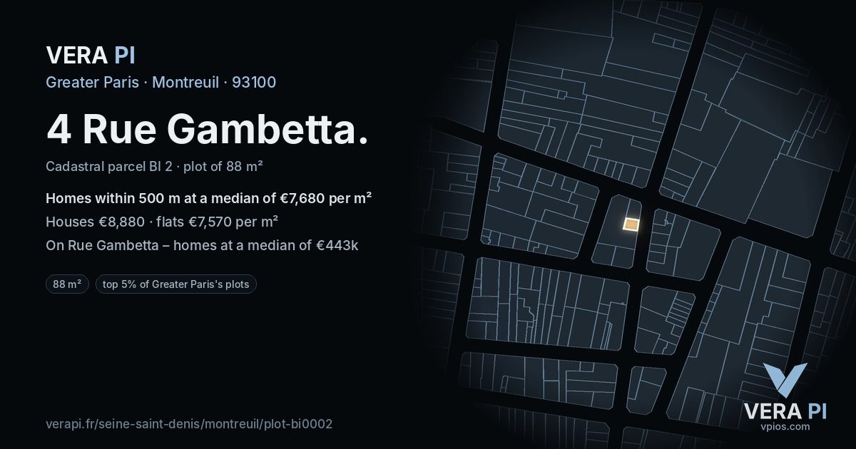 4 Rue Gambetta, Montreuil at night – the plot lit, the parcels around coloured by the prices near them