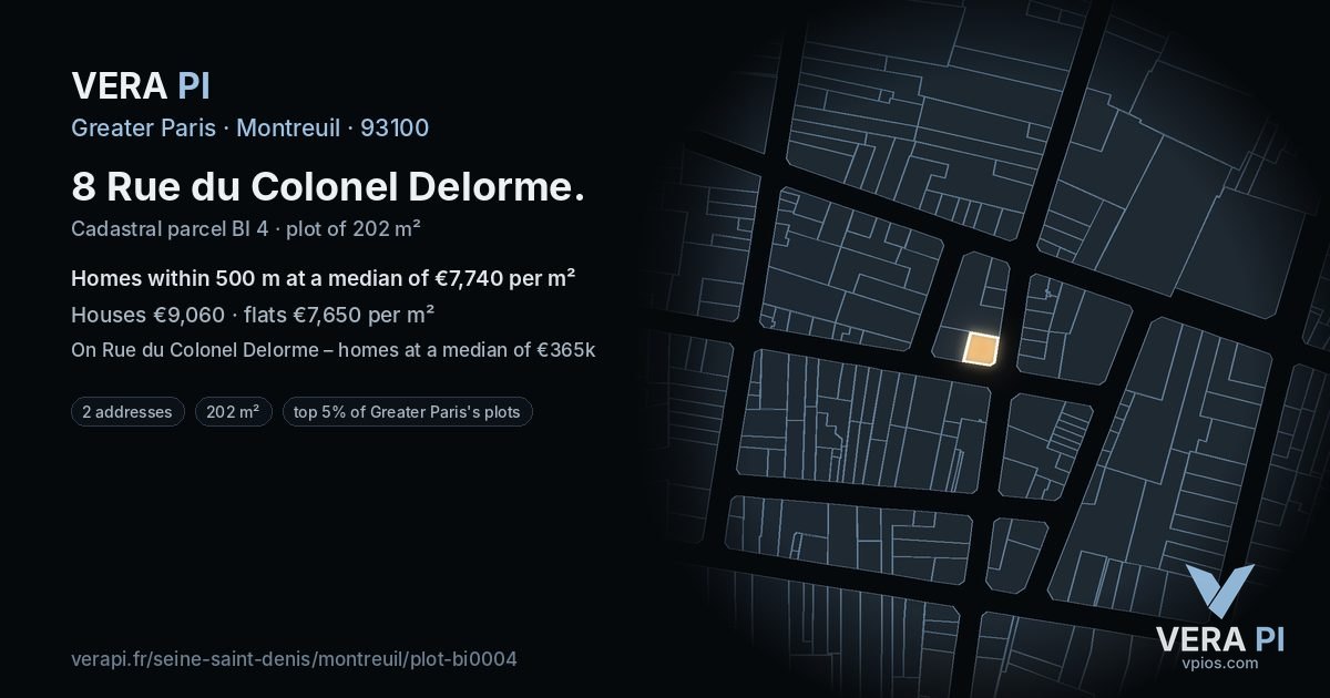 8 Rue du Colonel Delorme, Montreuil at night – the plot lit, the parcels around coloured by the prices near them