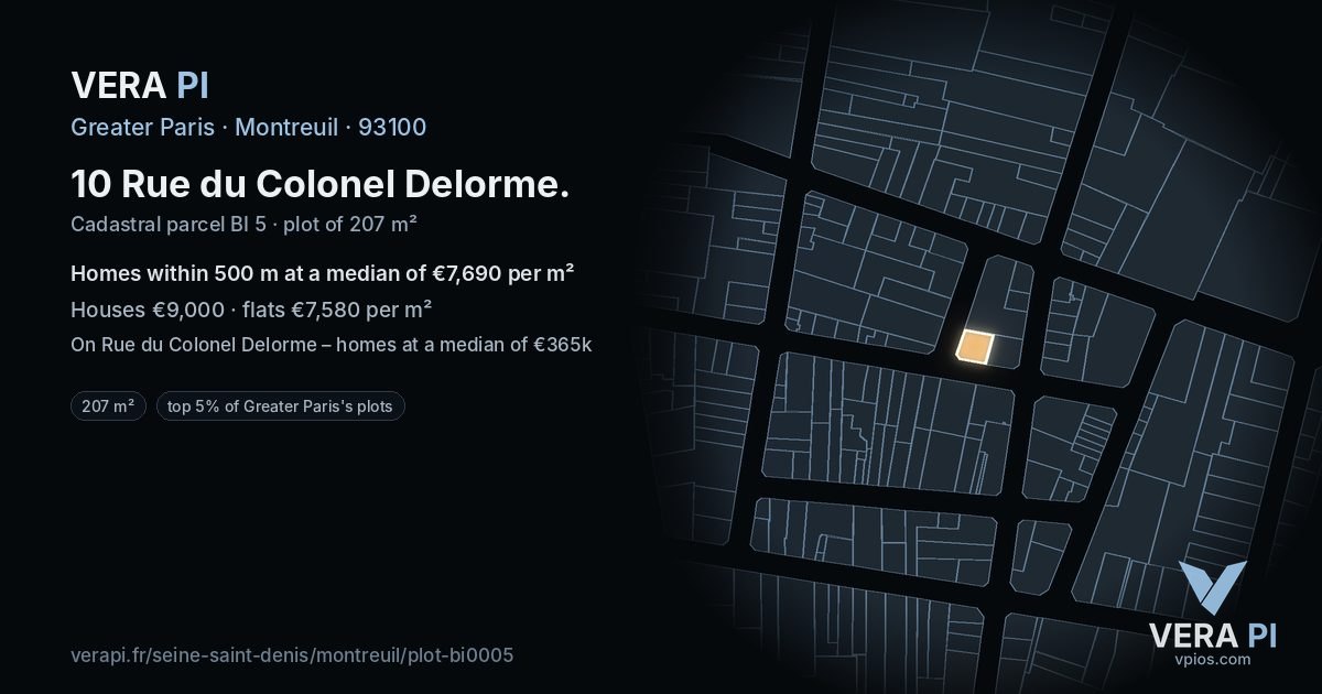 10 Rue du Colonel Delorme, Montreuil at night – the plot lit, the parcels around coloured by the prices near them