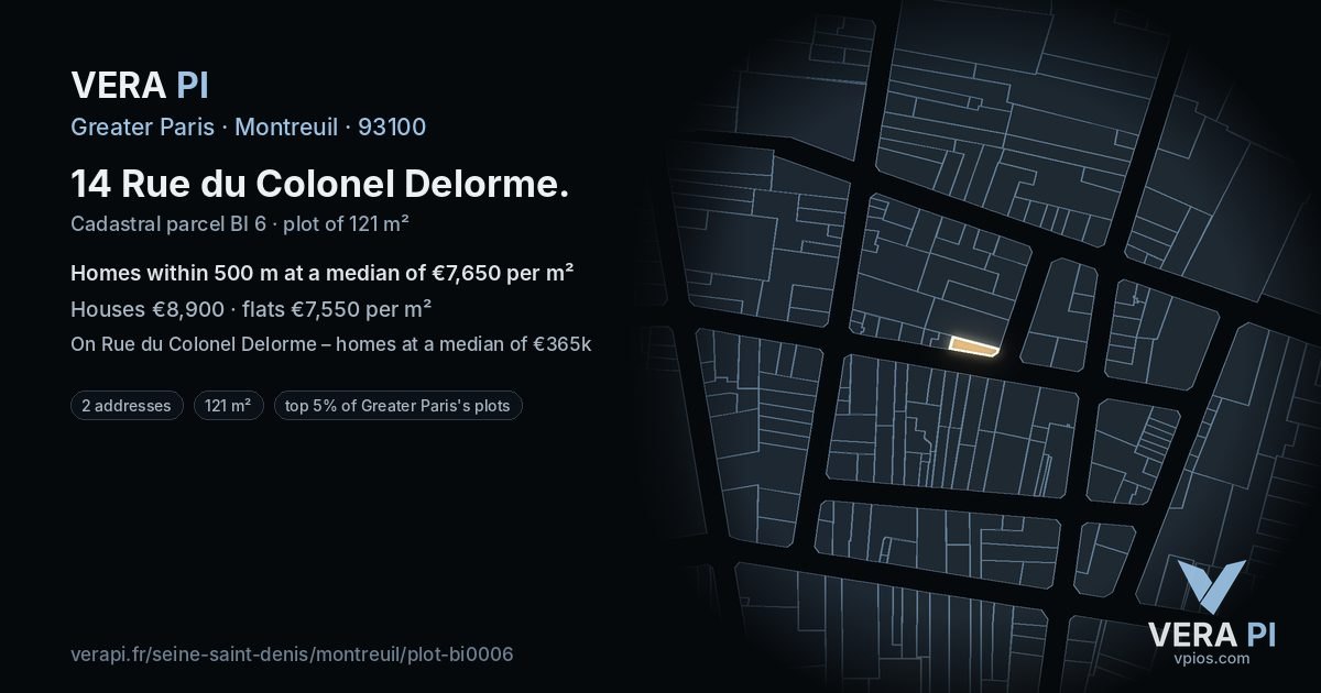 14 Rue du Colonel Delorme, Montreuil at night – the plot lit, the parcels around coloured by the prices near them