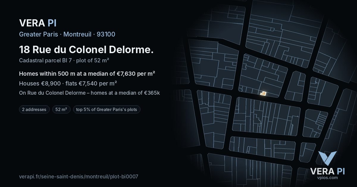 18 Rue du Colonel Delorme, Montreuil at night – the plot lit, the parcels around coloured by the prices near them