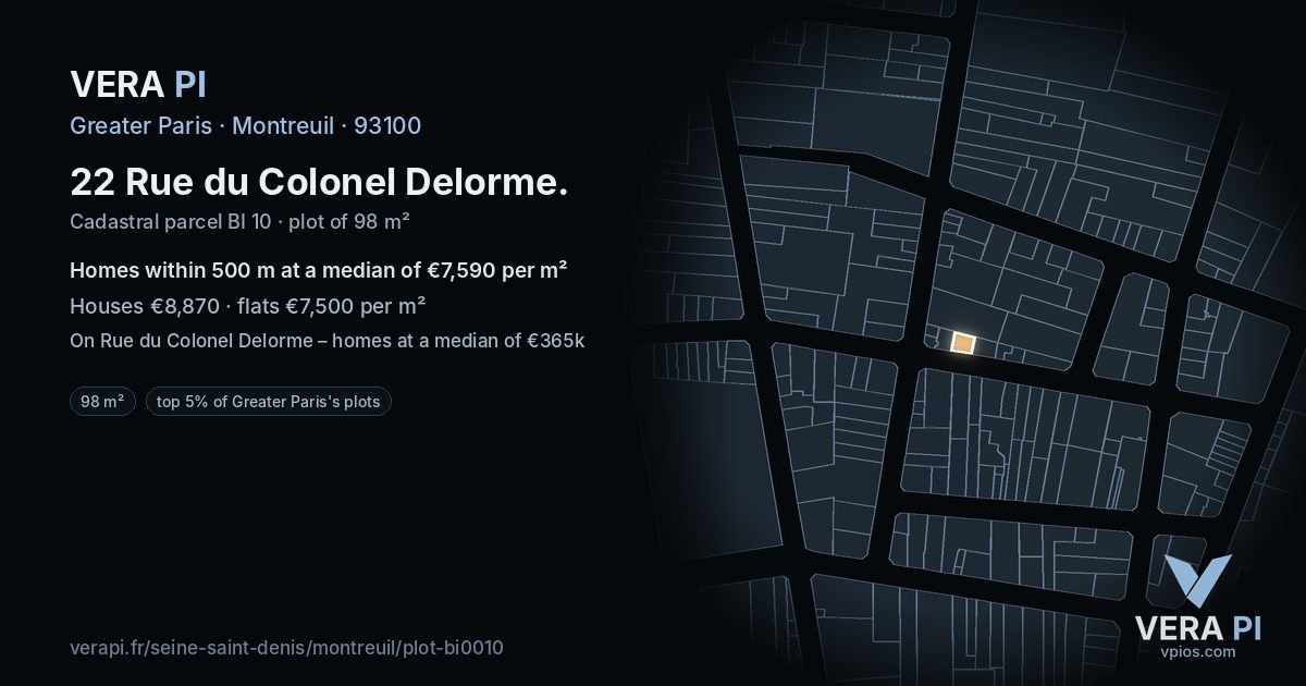 22 Rue du Colonel Delorme, Montreuil at night – the plot lit, the parcels around coloured by the prices near them