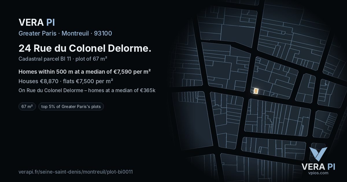 24 Rue du Colonel Delorme, Montreuil at night – the plot lit, the parcels around coloured by the prices near them