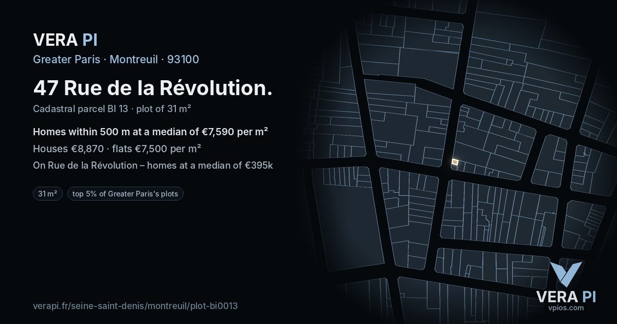 47 Rue de la Révolution, Montreuil at night – the plot lit, the parcels around coloured by the prices near them