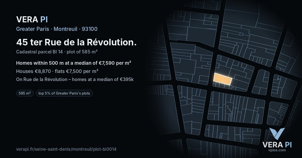 45 ter Rue de la Révolution, Montreuil at night – the plot lit, the parcels around coloured by the prices near them