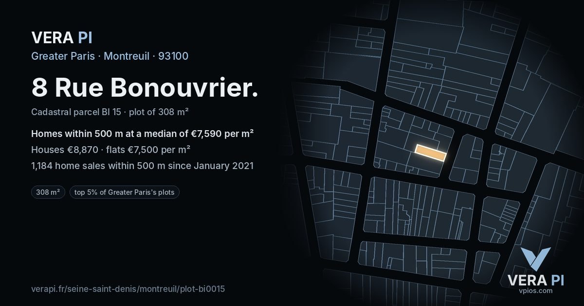 8 Rue Bonouvrier, Montreuil at night – the plot lit, the parcels around coloured by the prices near them