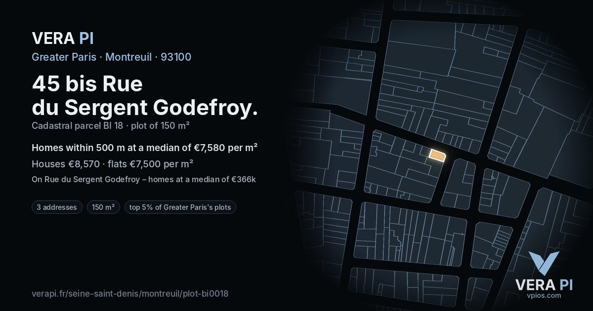 45 bis Rue du Sergent Godefroy, Montreuil at night – the plot lit, the parcels around coloured by the prices near them