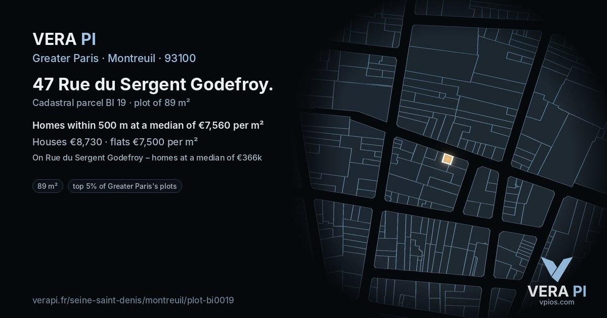 47 Rue du Sergent Godefroy, Montreuil at night – the plot lit, the parcels around coloured by the prices near them