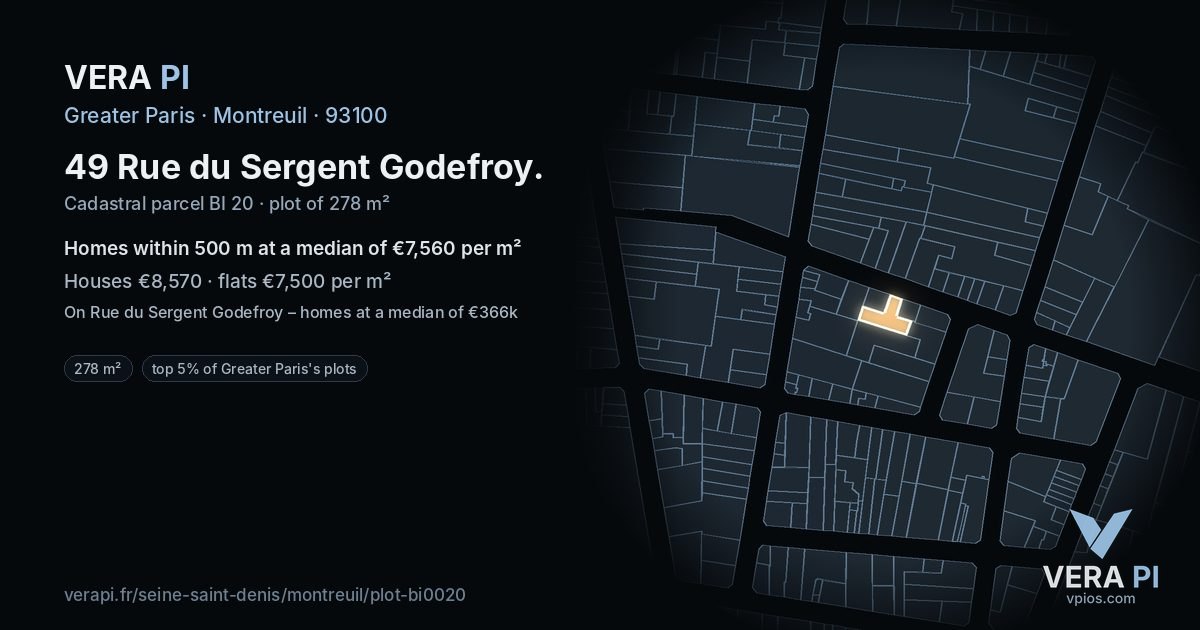 49 Rue du Sergent Godefroy, Montreuil at night – the plot lit, the parcels around coloured by the prices near them