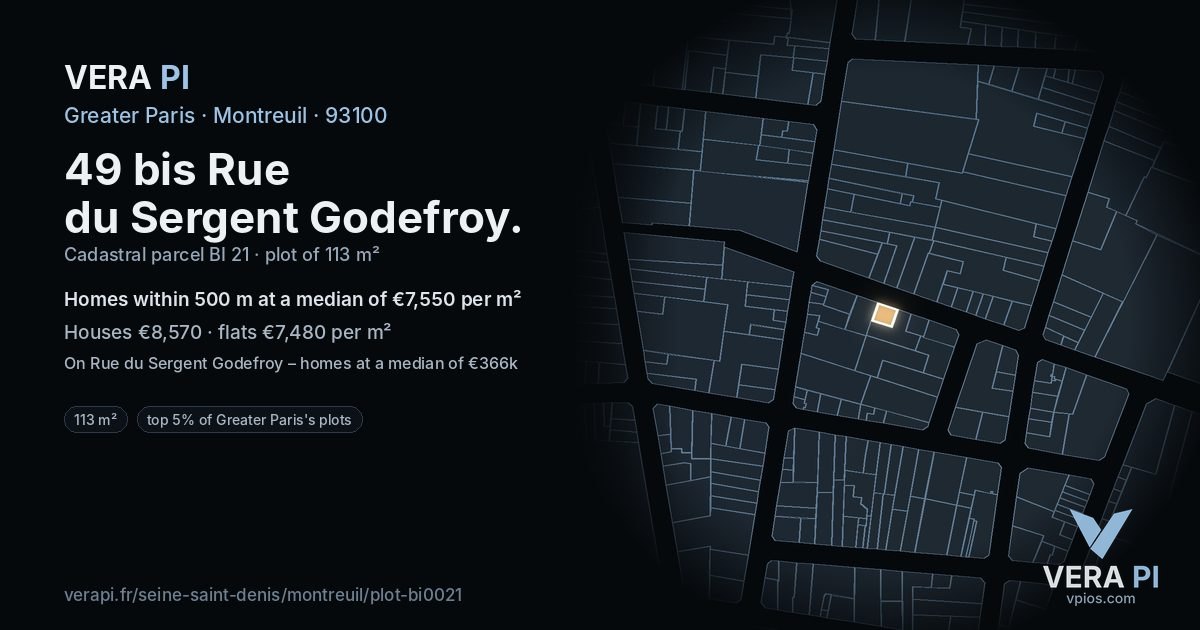 49 bis Rue du Sergent Godefroy, Montreuil at night – the plot lit, the parcels around coloured by the prices near them