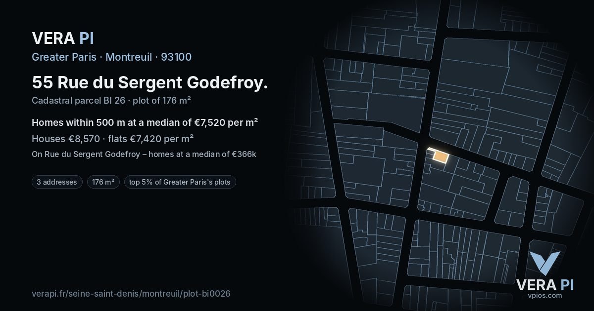 55 Rue du Sergent Godefroy, Montreuil at night – the plot lit, the parcels around coloured by the prices near them