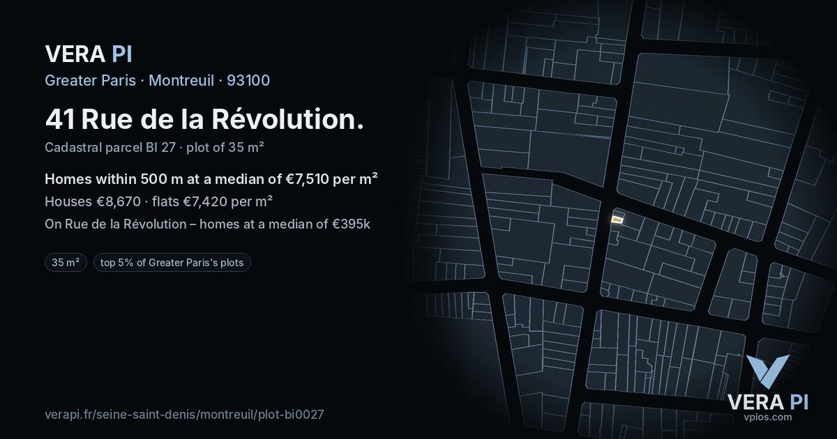 41 Rue de la Révolution, Montreuil at night – the plot lit, the parcels around coloured by the prices near them
