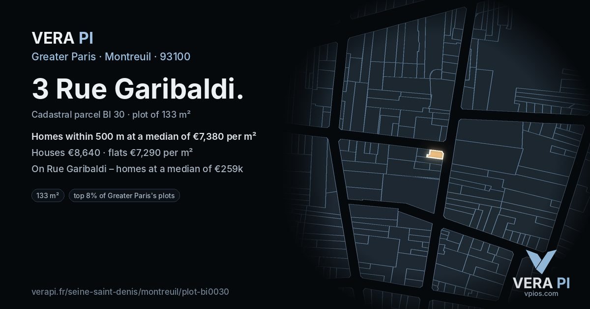 3 Rue Garibaldi, Montreuil at night – the plot lit, the parcels around coloured by the prices near them