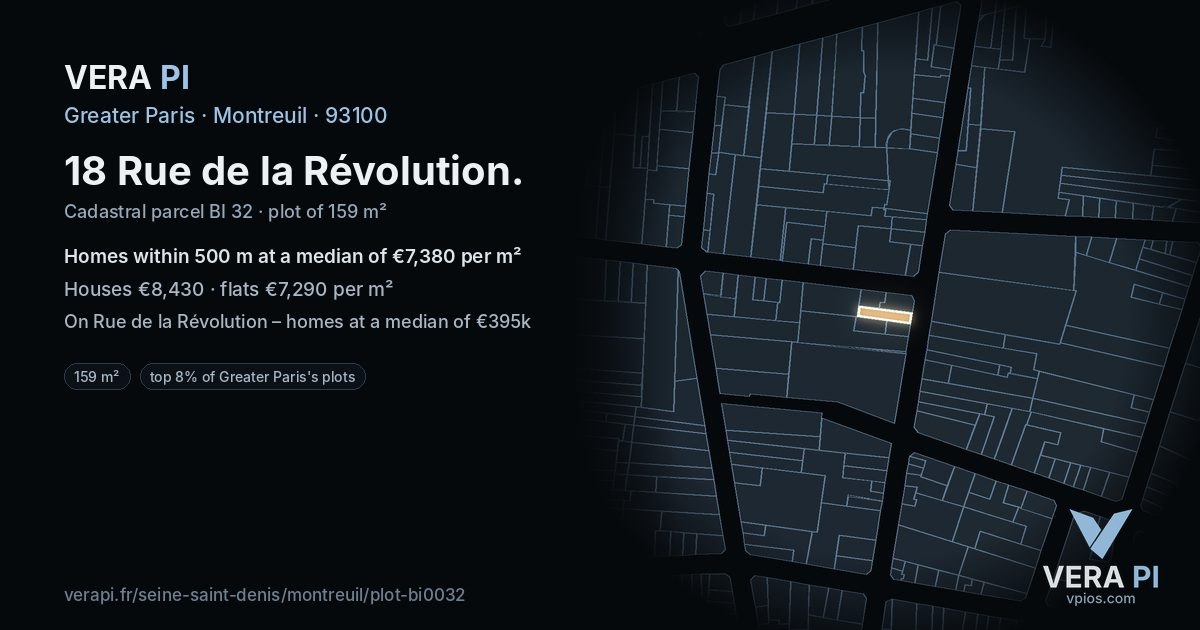18 Rue de la Révolution, Montreuil at night – the plot lit, the parcels around coloured by the prices near them