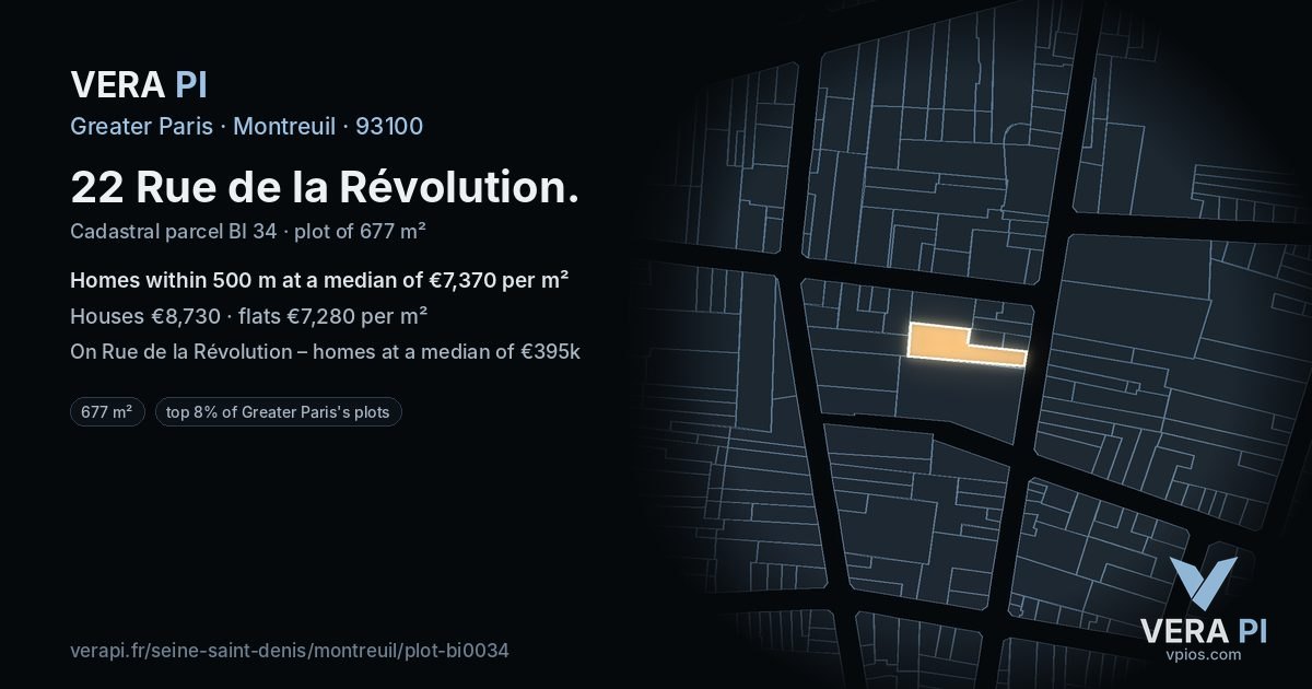 22 Rue de la Révolution, Montreuil at night – the plot lit, the parcels around coloured by the prices near them