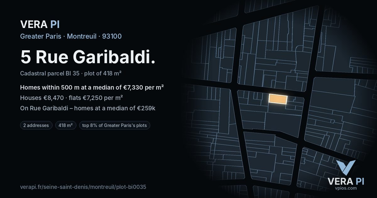 5 Rue Garibaldi, Montreuil at night – the plot lit, the parcels around coloured by the prices near them