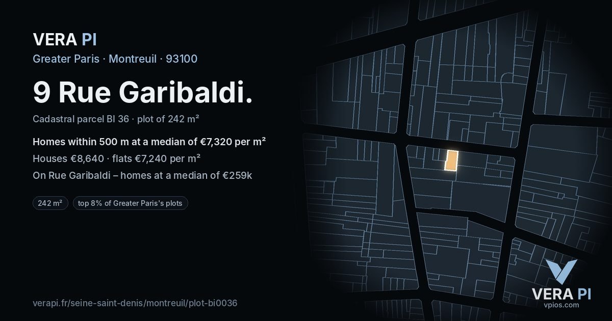 9 Rue Garibaldi, Montreuil at night – the plot lit, the parcels around coloured by the prices near them