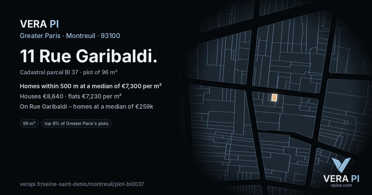 11 Rue Garibaldi, Montreuil at night – the plot lit, the parcels around coloured by the prices near them