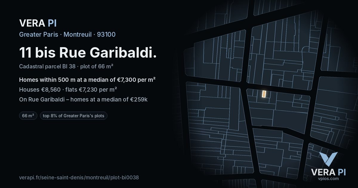 11 bis Rue Garibaldi, Montreuil at night – the plot lit, the parcels around coloured by the prices near them