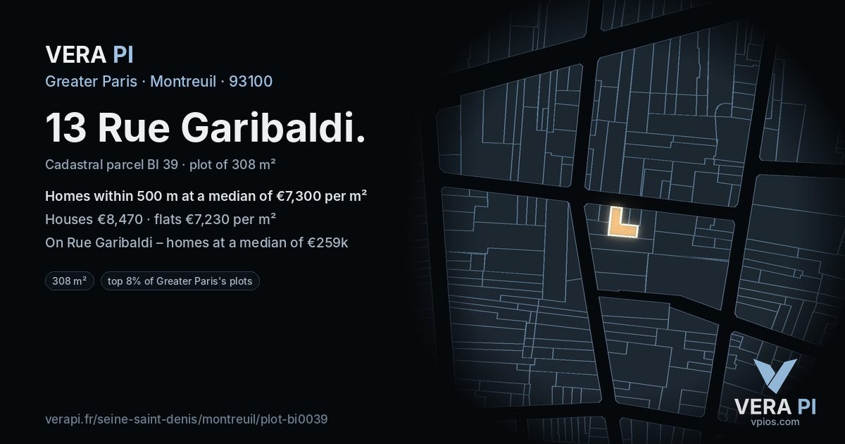 13 Rue Garibaldi, Montreuil at night – the plot lit, the parcels around coloured by the prices near them