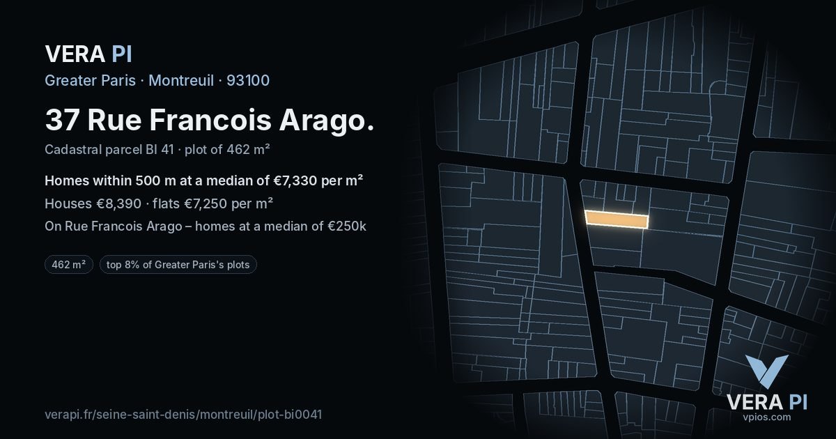 37 Rue Francois Arago, Montreuil at night – the plot lit, the parcels around coloured by the prices near them