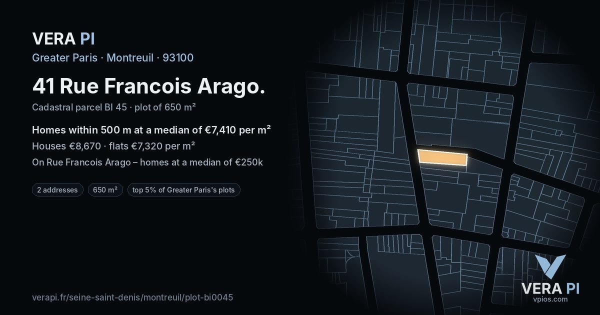 41 Rue Francois Arago, Montreuil at night – the plot lit, the parcels around coloured by the prices near them