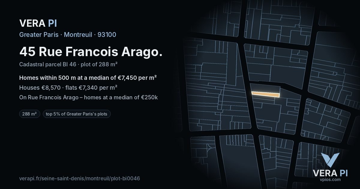 45 Rue Francois Arago, Montreuil at night – the plot lit, the parcels around coloured by the prices near them