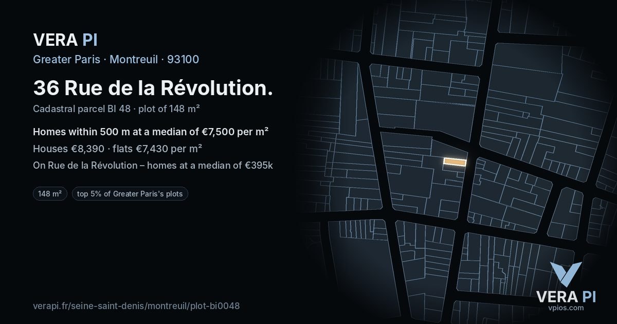 36 Rue de la Révolution, Montreuil at night – the plot lit, the parcels around coloured by the prices near them