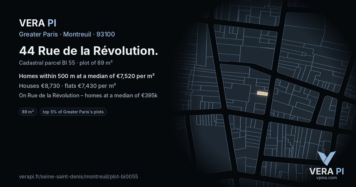44 Rue de la Révolution, Montreuil at night – the plot lit, the parcels around coloured by the prices near them