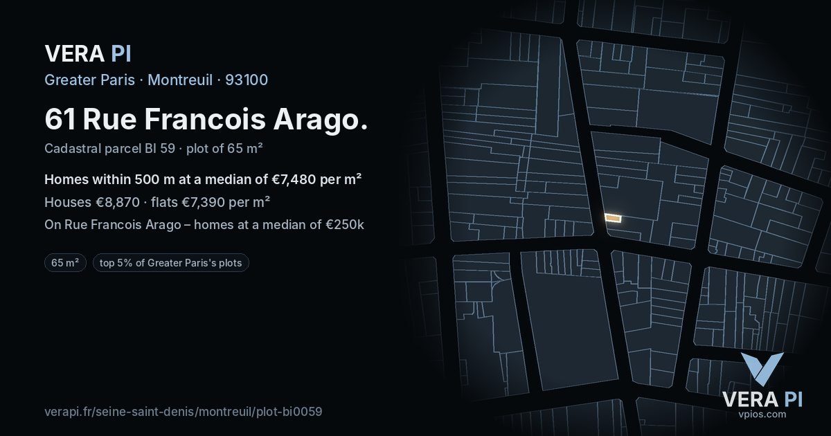 61 Rue Francois Arago, Montreuil at night – the plot lit, the parcels around coloured by the prices near them