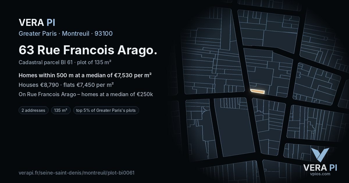 63 Rue Francois Arago, Montreuil at night – the plot lit, the parcels around coloured by the prices near them