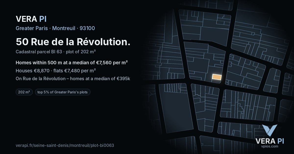 50 Rue de la Révolution, Montreuil at night – the plot lit, the parcels around coloured by the prices near them