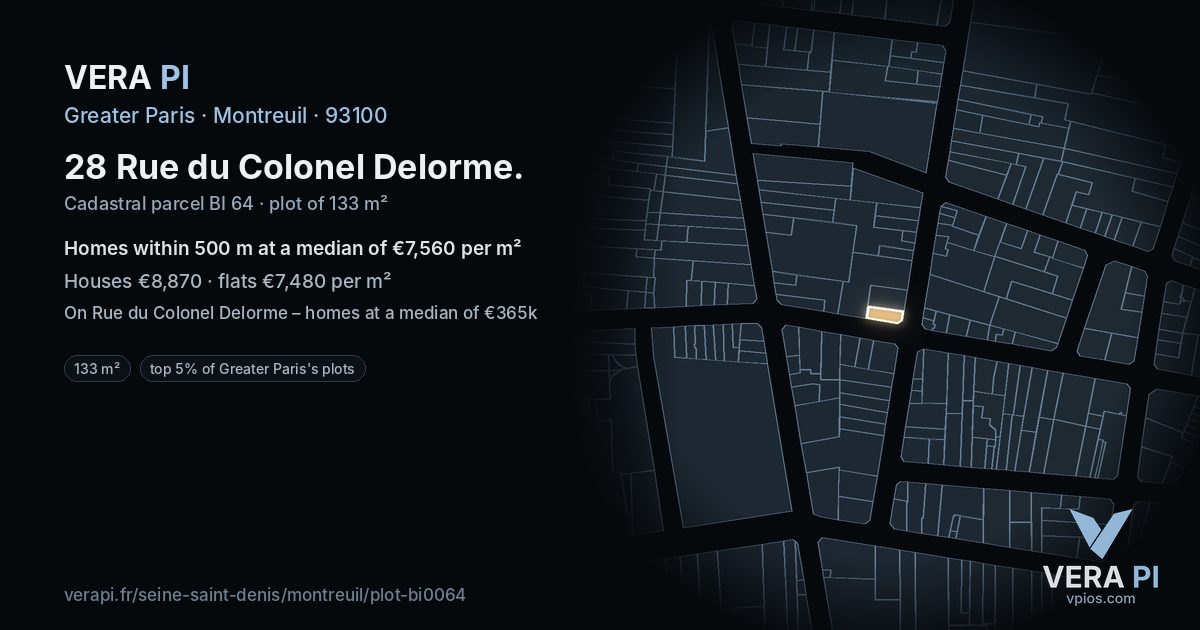 28 Rue du Colonel Delorme, Montreuil at night – the plot lit, the parcels around coloured by the prices near them