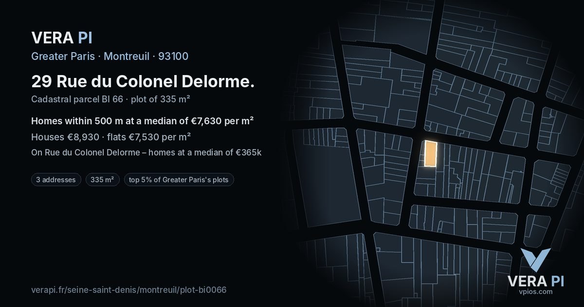 29 Rue du Colonel Delorme, Montreuil at night – the plot lit, the parcels around coloured by the prices near them
