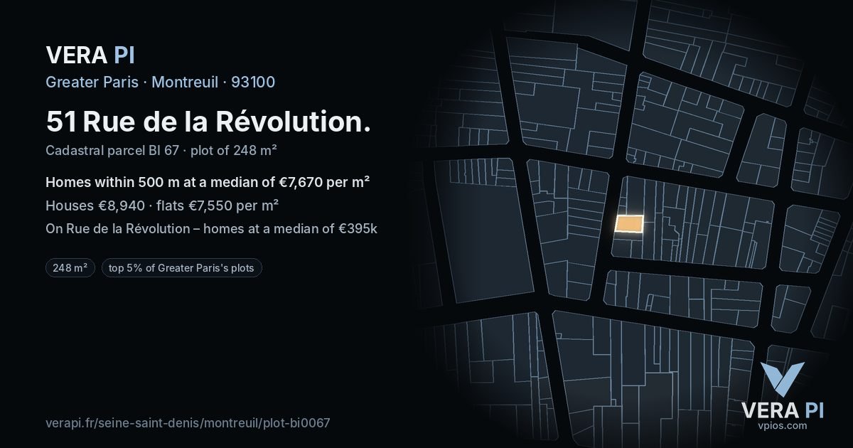 51 Rue de la Révolution, Montreuil at night – the plot lit, the parcels around coloured by the prices near them
