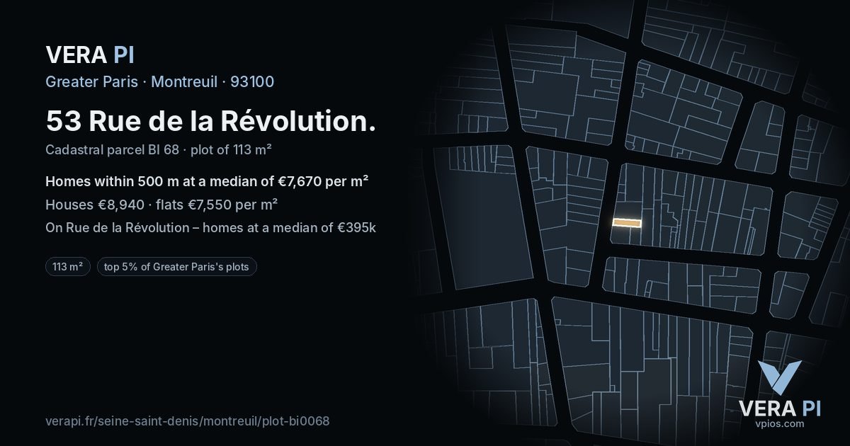 53 Rue de la Révolution, Montreuil at night – the plot lit, the parcels around coloured by the prices near them