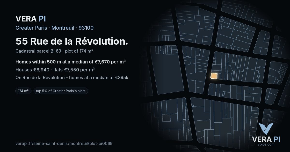 55 Rue de la Révolution, Montreuil at night – the plot lit, the parcels around coloured by the prices near them