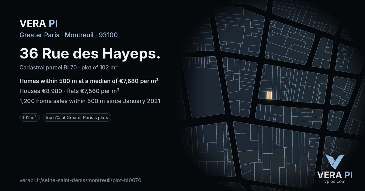 36 Rue des Hayeps, Montreuil at night – the plot lit, the parcels around coloured by the prices near them