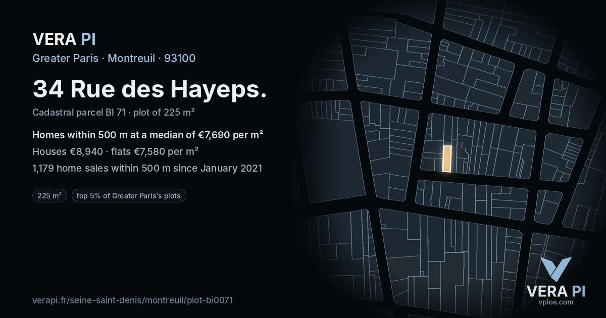 34 Rue des Hayeps, Montreuil at night – the plot lit, the parcels around coloured by the prices near them