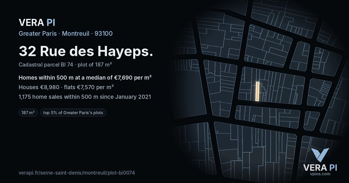32 Rue des Hayeps, Montreuil at night – the plot lit, the parcels around coloured by the prices near them