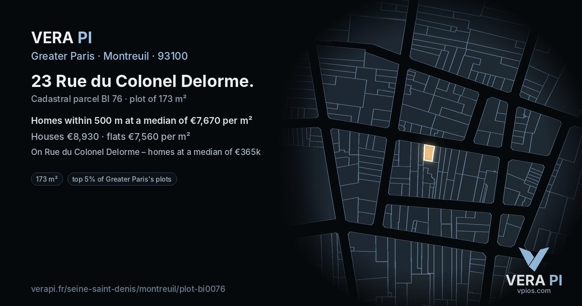 23 Rue du Colonel Delorme, Montreuil at night – the plot lit, the parcels around coloured by the prices near them