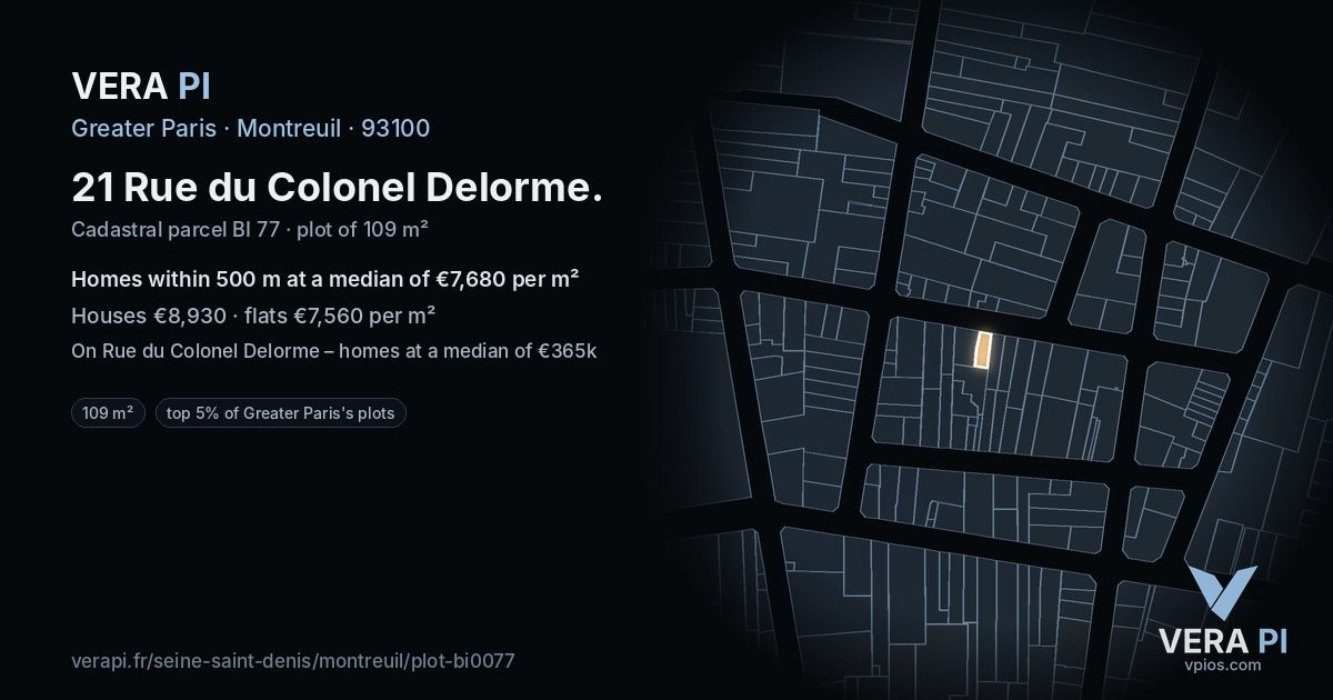 21 Rue du Colonel Delorme, Montreuil at night – the plot lit, the parcels around coloured by the prices near them