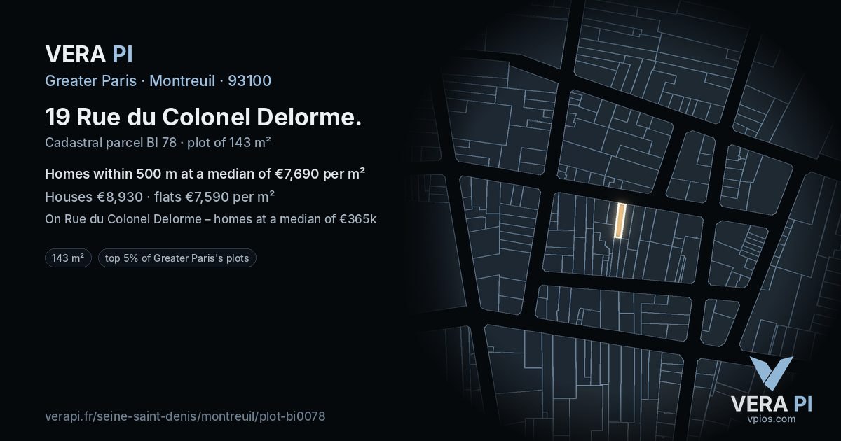 19 Rue du Colonel Delorme, Montreuil at night – the plot lit, the parcels around coloured by the prices near them