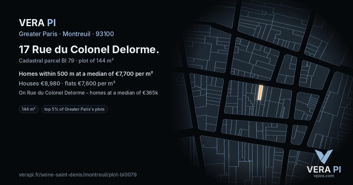 17 Rue du Colonel Delorme, Montreuil at night – the plot lit, the parcels around coloured by the prices near them