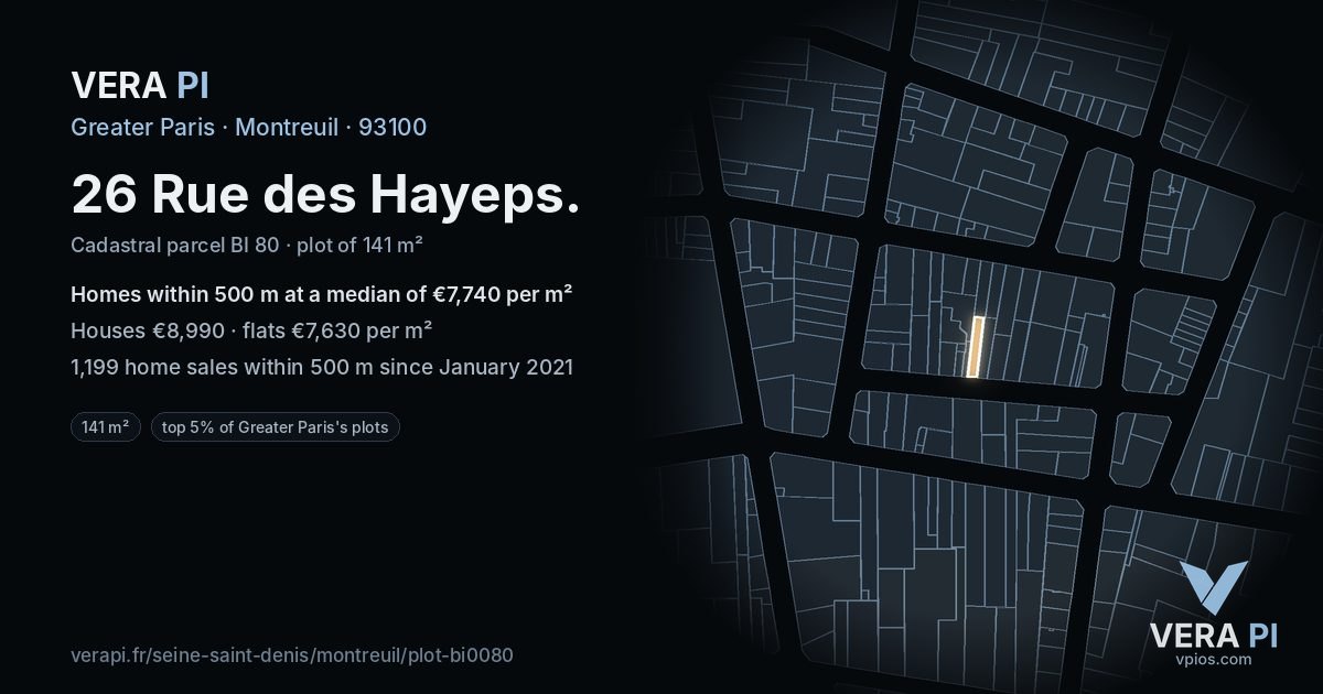 26 Rue des Hayeps, Montreuil at night – the plot lit, the parcels around coloured by the prices near them