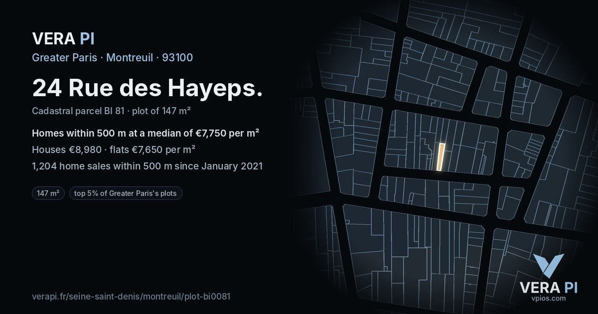 24 Rue des Hayeps, Montreuil at night – the plot lit, the parcels around coloured by the prices near them