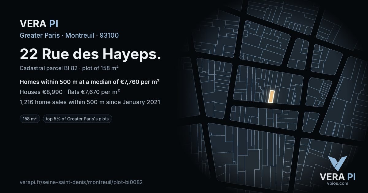 22 Rue des Hayeps, Montreuil at night – the plot lit, the parcels around coloured by the prices near them