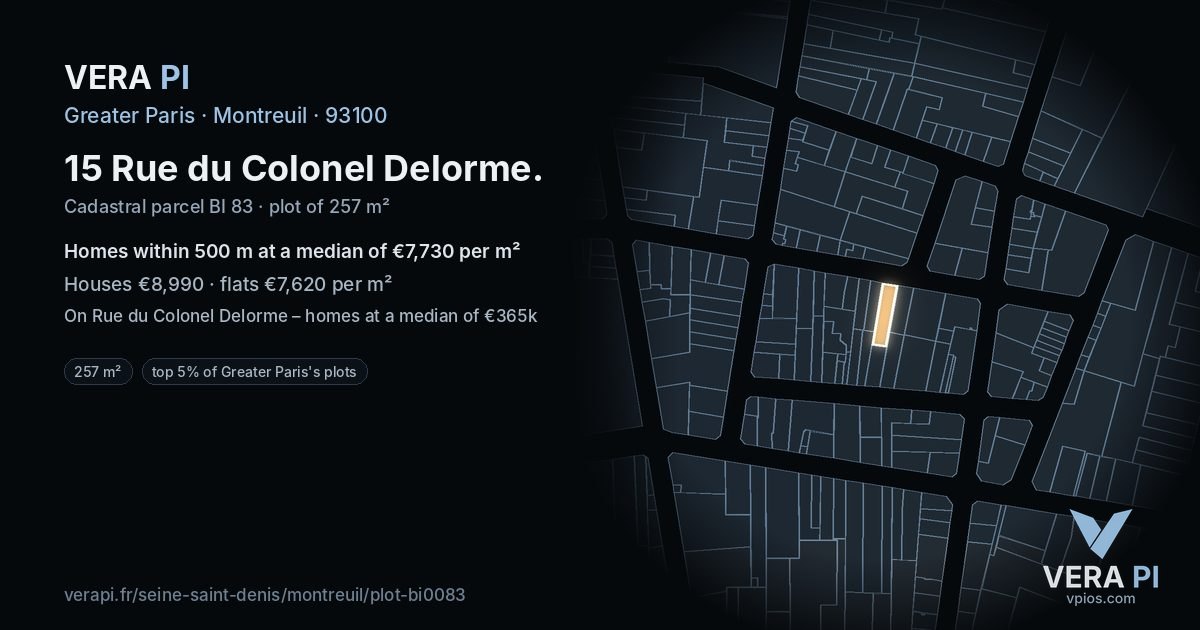 15 Rue du Colonel Delorme, Montreuil at night – the plot lit, the parcels around coloured by the prices near them