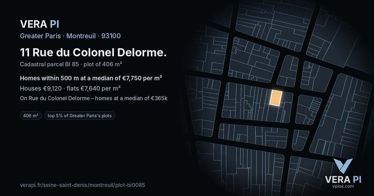 11 Rue du Colonel Delorme, Montreuil at night – the plot lit, the parcels around coloured by the prices near them