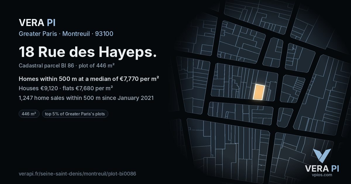 18 Rue des Hayeps, Montreuil at night – the plot lit, the parcels around coloured by the prices near them